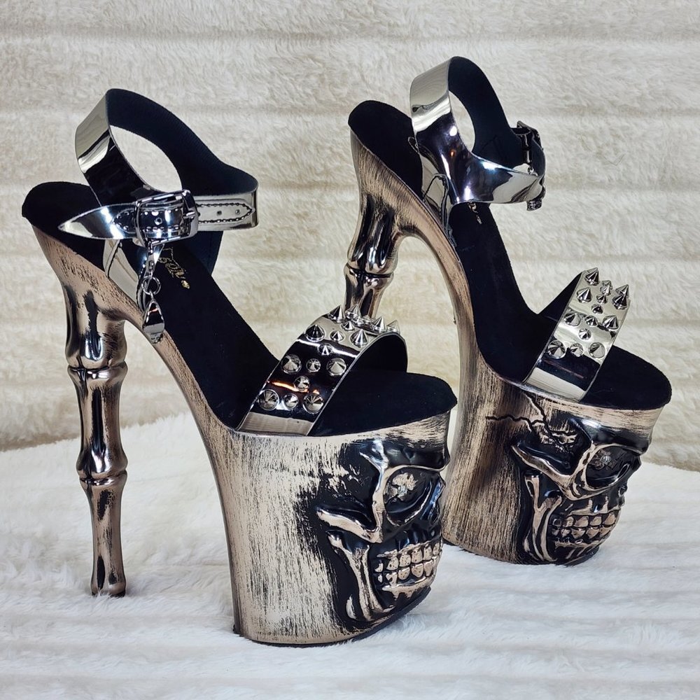 Vortex Pewter Brushed Chrome Skull & Bones Red LED Platform 8" High Heels Shoes - Picture 12 of 15